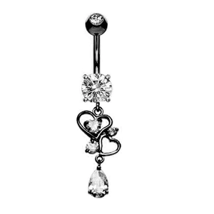 Detail of black double heart belly button ring with teardrop crystal and hollow design