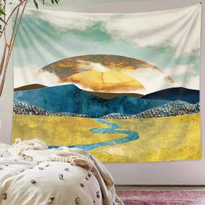 Detail of abstract landscape tapestry with blue mountains and golden fields wall decor