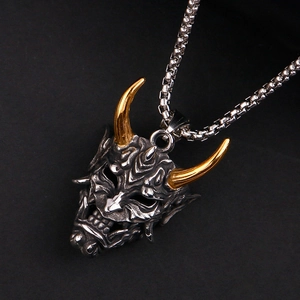 Gothic punk Prajna demon mask necklace with gold horns and silver box chain