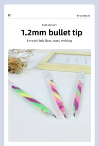 Detailed view of 1.2mm bullet tip rainbow gel pens with transparent barrels and spiral ink
