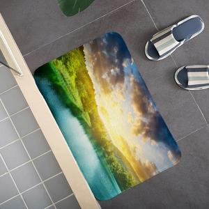 Detail view of water-absorbent flannel mat with nature forest and lake landscape