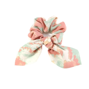 Pink and green floral bow scrunchie with long ribbons in soft chiffon fabric