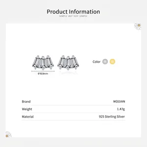 925 Sterling Silver geometric square stud earrings with radiant baguette cut zircon
