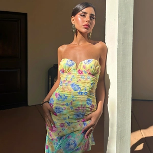French vintage floral off-shoulder yellow bodycon maxi dress with ruched details