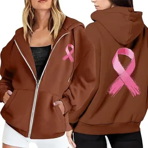 Brown zip-up hoodie featuring pink ribbon breast cancer awareness prints on front and back