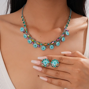Retro Bohemian Jewelry Necklace And Earrings With Silver Earring Post Colorful Rhinestone Vintage Palace Style Women