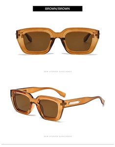 Detail view of brown square frame sunglasses with elegant silver rectangular metal accents