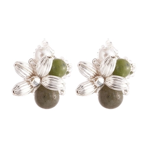 Elegant floral stud earrings featuring silver petals with white pearl and green agate stones