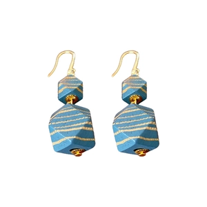 Bohemian geometric earrings with blue striped beads and gold-plated hooks in pairs