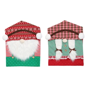 Christmas gnome chair back covers featuring red and green knit designs for holiday dining