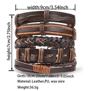 Detail showing dimensions and material of multi-layered leather woven men's bracelet set