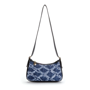 Chic blue denim underarm bag with frayed diamond pattern and golden leaf zipper
