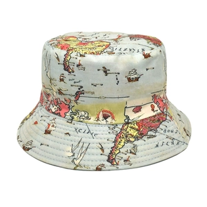 Detailed close-up of a vintage world map printed bucket hat with nautical sea elements