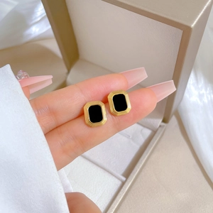 Minimalist square titanium steel earrings in gold and black vintage style for women