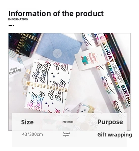 Macro detail of Happy Birthday wrapping paper with colorful font and 43x300cm size specs