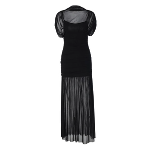 Detail of the sheer mesh puff sleeves and pleated bodice on this sexy black maxi dress