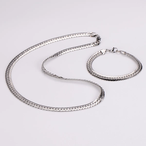 Detailed view of silver stainless steel flat herringbone necklace and bracelet set