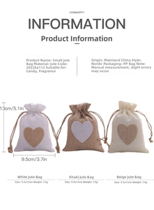 Three colors of burlap heart gift bags with size specs 9.5x13cm for candy and spices