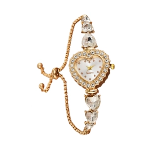 Elegant gold heart-shaped quartz watch featuring a rhinestone bezel and crystal bracelet
