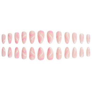 Pink and white almond press-on nails with marble swirl patterns 24-piece manicure set
