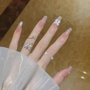 Long Coffin Press On Nails Nude Pink French Style With 3D Bow Rhinestones Artificial Pearl Chain Decor Fake Nails
