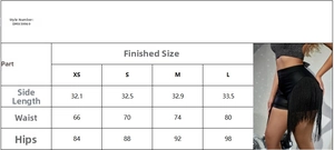 Size chart for women's slim fit shorts with fringe details and black model display