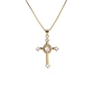 Detailed view of a gold cross pendant necklace featuring inlaid clear zircon and box chain