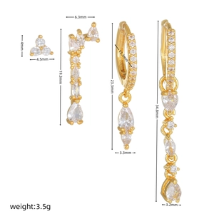 Detailed size measurement of four gold zircon earrings including studs and drop earrings