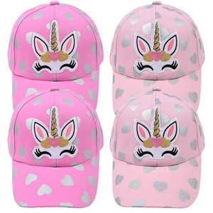Pink kids baseball caps with silver heart prints and embroidered unicorn designs