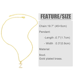 Detailed size specifications for gold plated brass letter Z necklace with inlaid zircons