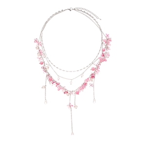 Pink resin flower layered fringe necklace with silver chain and translucent beads