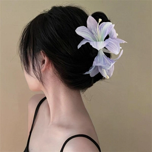 Elegant 3D lily flower hair claw clip in lavender and blue for sophisticated updos