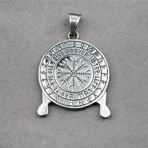 Vintage Viking Vegvisir compass necklace with double eagle relief in silver finish