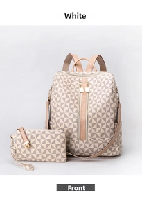 Front view of printed white backpack set with geometric pattern and matching clutch bag