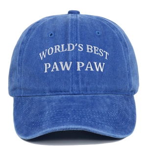 Detail of white embroidered World's Best Paw Paw text on blue washed cotton baseball cap