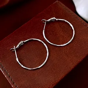 Hammered Hoop Earrings Silver Tone Metal With Silver Earring Post Minimalist Round Geometric Fashion Jewelry For Women