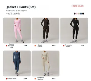 Flat lay of slim-fit yoga sets featuring zip-up jackets and high-waist pants in five colors