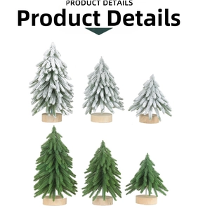 Detailed view of mini Christmas trees in green and white flocking with wooden bases