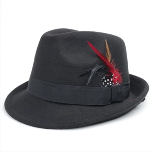 Close-up of black wool felt fedora featuring a colorful feather detail and grosgrain band