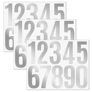 Detail of 3 inch silver vinyl number stickers with waterproof metallic brushed finish