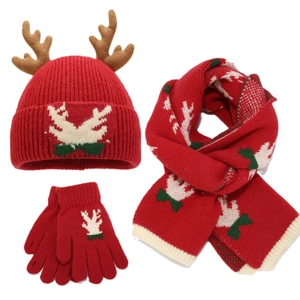 Christmas 3-piece knit set with reindeer antlers hat, scarf and gloves for women