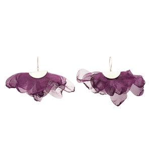 Elegant purple chiffon petal earrings with textured gold metallic hooks on white background