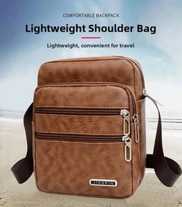 Detail view of brown PU leather shoulder bag featuring three zipper pockets and metal logo