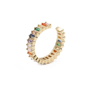 Elegant gold-plated ear cuff featuring colorful zircon stones in a 45-degree angle view