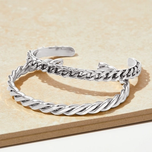 Minimalist twisted rope and curb chain stainless steel open cuff bracelets in silver finish