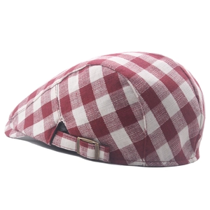 Classic red and white plaid cotton flat cap for men and women with metal buckle