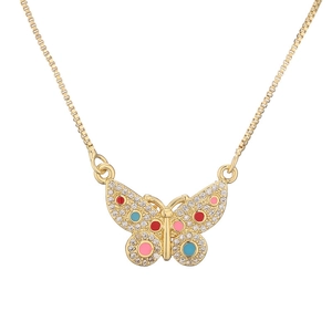 Gold-plated butterfly heart pendant necklace with rhinestones and colorful enamel accents