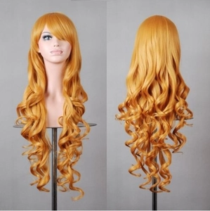 Detailed views showing the front and back textures of an 80cm long wavy golden cosplay wig