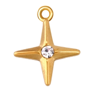 Close-up of golden sun star pendant with central sparkling zircon and round hook