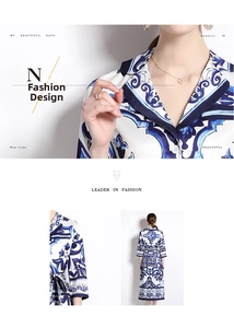 Detail of blue and white porcelain print maxi dress with V-neckline and waist belt